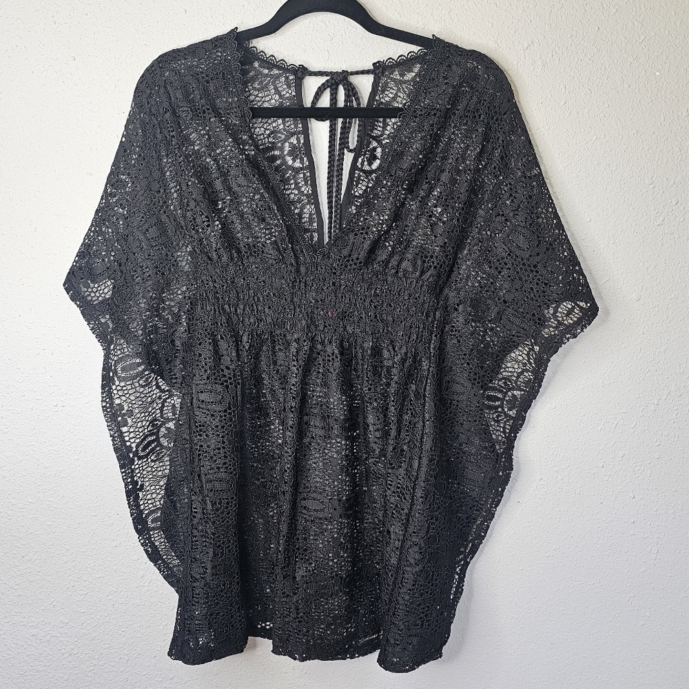 Womens Black Lace Swimsuit Cover Tassel Tie V-Neck Whimsygoth See Through Boho